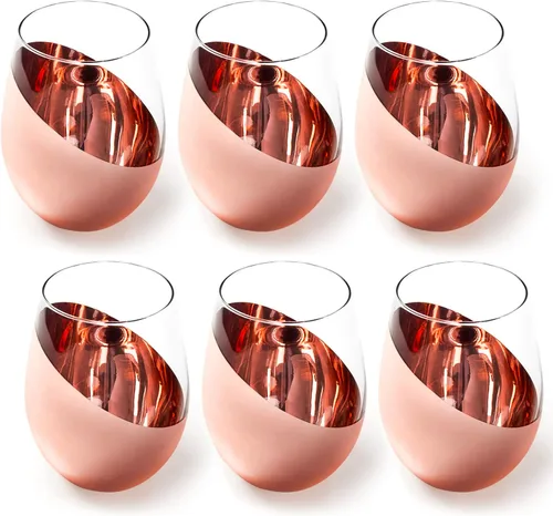 Miniatura 11 de MyGift Juego de 4 copas de vino sin tallo - Barware moderno con acento en cobre, elegantes copas para bodas y celebraciones con acabado metálico