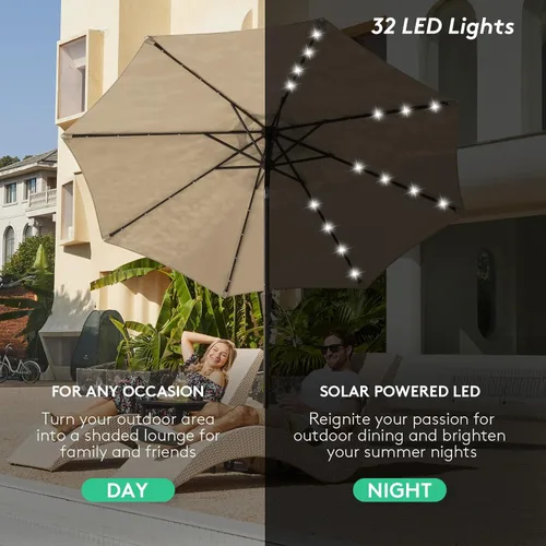 Miniatura 4 de JEAREY Sombrilla de exterior de 9 pies con luces solares, sombrilla de piscina con luz LED, inclinación y manivela, sombrillas de mesa para terraza