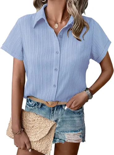 Miniatura 11 de HOTOUCH Camisa de vestir de manga corta con botones para mujer, cuello en V, con botones, para verano, con textura, para el trabajo