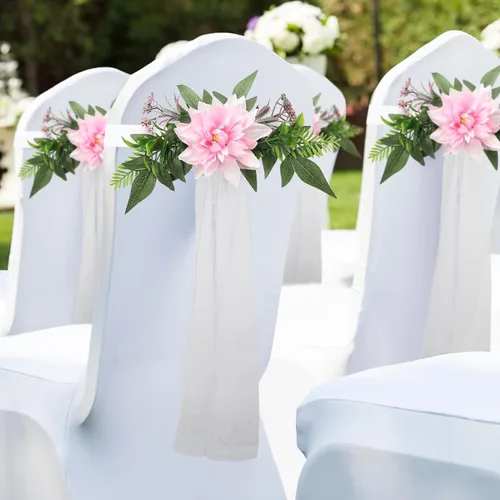 Miniatura 3 de Juego de 6 decoraciones para sillas de pasillo de boda, flores artificiales con cintas, sillas, respaldo de banco, arreglo floral para decoración