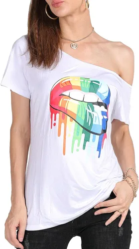 Miniatura 45 de MAGICMK - Camiseta casual para mujer, con estampado de labios y hombro descubierto, talla extragrande