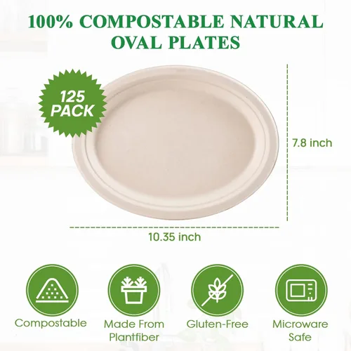 Miniatura 5 de Vplus Platos de papel ovalados 100% compostables 10 pulgadas 125 unidades Platos de papel desechables súper resistentes de bagazo natural 10