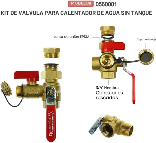 Miniatura 5 de Kit de válvula de servicio para calentador de agua sin tanque HYDRO MASTER con válvula de alivio de presión aislador de 3/4 pulgadas IPS de latón
