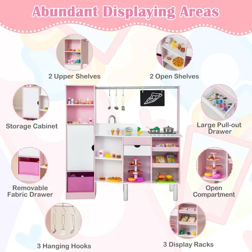 Miniatura 5 de Costzon Juego de cocina 2 en 1 para niños y tienda de comestibles, cocina de juego de simulación de doble cara con luz y sonido, máquina de hielo