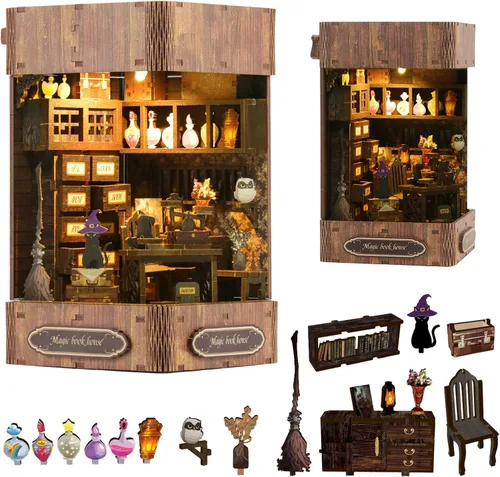 Kit de rincón de libros de bricolaje – Estantería de casa de muñecas en miniatura, rompecabezas de estantería de madera 3D, rompecabezas creativo