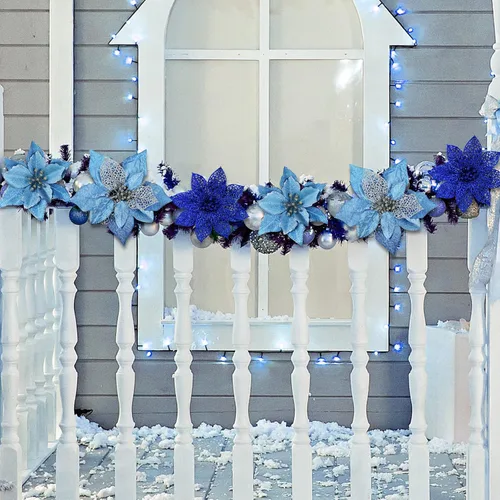Miniatura 5 de Winlyn Púas de flores de Pascua de Navidad de 3 estilos, adornos para árbol de Navidad y 12 yardas, cinta decorativa con alambre para árbol de Azul