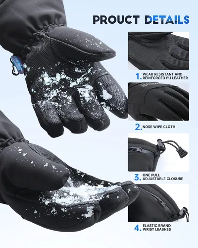 Miniatura 5 de VELAZZIO Guantes de esquí impermeables y transpirables, guantes de snowboard, 3M Thinsulate aislados cálidos guantes de nieve, para hombres y mujeres