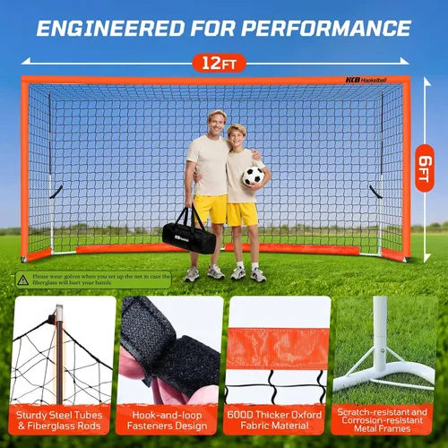 Miniatura 5 de Haokelball Portería de fútbol portátil para patio trasero, red de fútbol de 12 x 6 pies con poste de metal para práctica de adultos y jóvenes