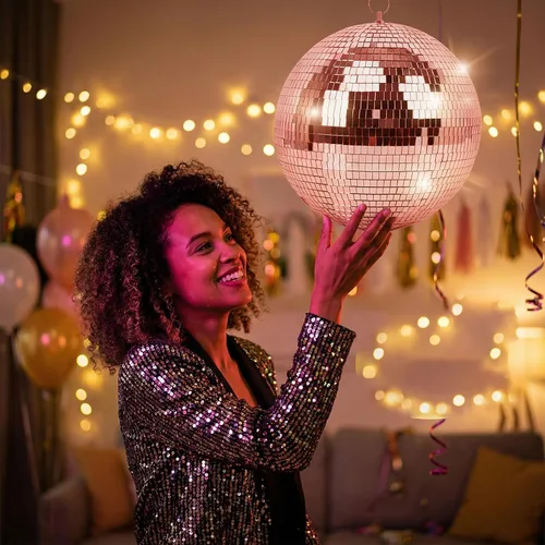 Miniatura 5 de Bola de espejo para DJ de discoteca, club, fiesta, boda, decoración del hogar, Muscab, bola de discoteca de 12 pulgadas con anillo para colgar, oro