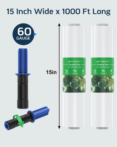 Miniatura 5 de Película de envoltura elástica: 2 paquetes de 15 pulgadas de ancho, 1000 pies de envoltura retráctil resistente, calibre 60, 500% de estiramiento