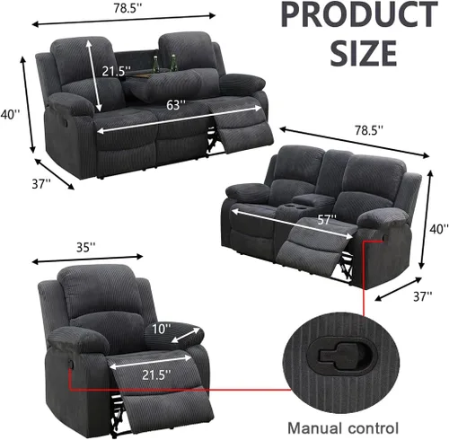 Miniatura 2 de Juego de sofá reclinable manual, juego de sofá reclinable de pana, juego moderno de muebles para sala de estar, sofá reclinable con silla para sala