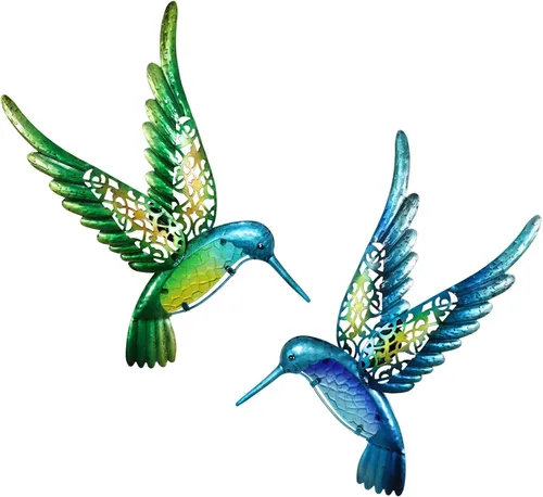 HONGLAND Arte de pared de colibrí de metal de 15 pulgadas, escultura de pared de pájaros de metal, decoración de jardín, estatua al aire libre,