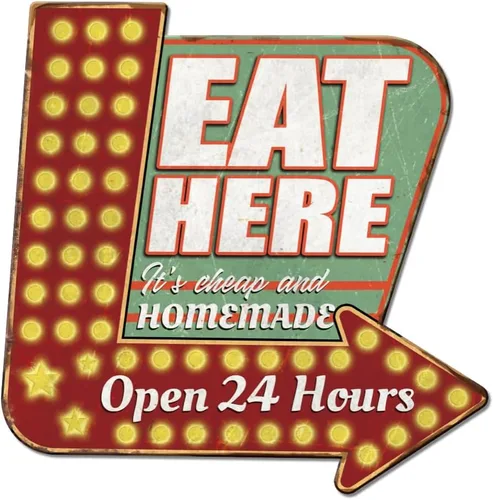 SUPERDANT Letreros de metal con texto en inglés «Eat Here» «Eat Here», letrero de metal abierto las 24 horas, letrero de flecha de comida que apunta