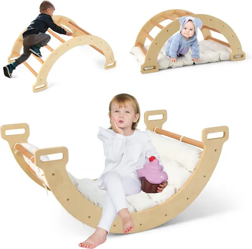 Miniatura 11 de INFANS Balancín de madera para escalar arco con cojín suave, 6 en 1, juguetes Montessori de escalada para niños pequeños, mesa Waldorf