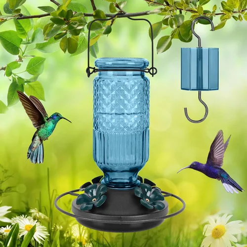 Miniatura 7 de FEED GARDEN Comedero de vidrio para colibríes para colgar al aire libre, comedero de colibríes de 16 onzas con 4 puertos de alimentación con Azul