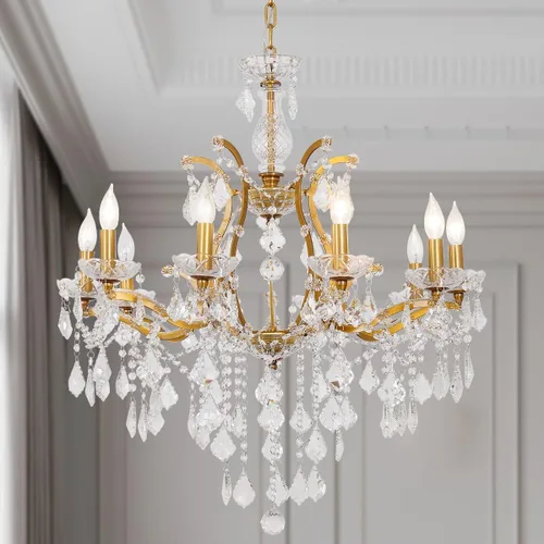Miniatura 13 de Candelabros de cristal de bronce antiguo de lujo con lámpara colgante de vela, lámpara de techo de 6 luces de cristal dorado para comedor, sala