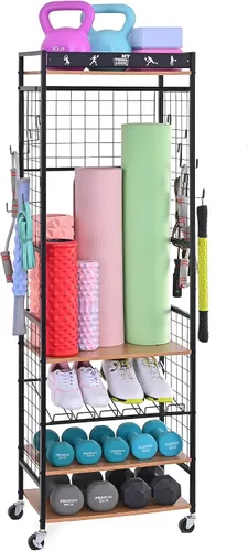 Miniatura 8 de Mythinglogic Soporte de pesas para mancuernas, almacenamiento de gimnasio en casa para esterilla de yoga, pesas rusas y equipo de entrenamiento