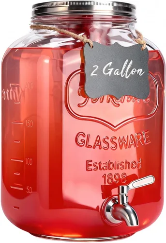 Dispensador de bebidas de vidrio de 2 galones para fiestas, dispensador de bebidas, dispensador de limonada con espita de acero inoxidable 304, a