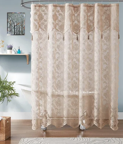 ASATEX Cortina de ducha de encaje dorado. Cortina de baño de diseño floral clásico de 72 x 84 pulgadas con cenefa adjunta y borlas. Cortinas de Lino