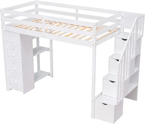 Miniatura 5 de VilroCaz Cama loft multifuncional de tamaño individual con cajones de almacenamiento y escalera, marco de cama de madera maciza con barandilla