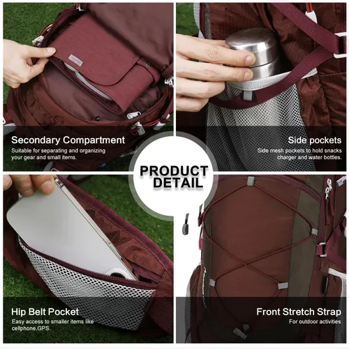 Miniatura 6 de Mochila de senderismo Mountaintop de 25L/40L, mochila de viaje ligera para senderismo al aire libre, camping, para hombres y mujeres Granate