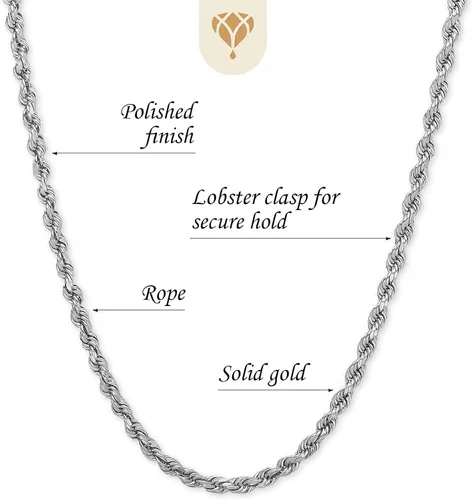 Miniatura 2 de 14k SOLID Yellow or White Or RosePink Gold 1.50mm Shiny Diamond-Cut Royal Solid Rope Chain Necklace for Pendants and Charms with Lobster-Claw Clasp