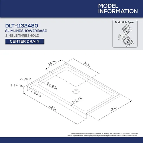 Miniatura 2 de DreamLine SlimLine DLT-1132420-88 - Base de ducha de un solo umbral de drenaje central de 32 pulgadas de profundidad x 42 pulgadas de ancho x 2 3/4