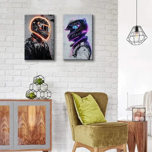 Miniatura 5 de 2 piezas de neón de carreras de piloto de carreras en lienzo para decoración de pared de casco de carreras, póster de habitación de niños