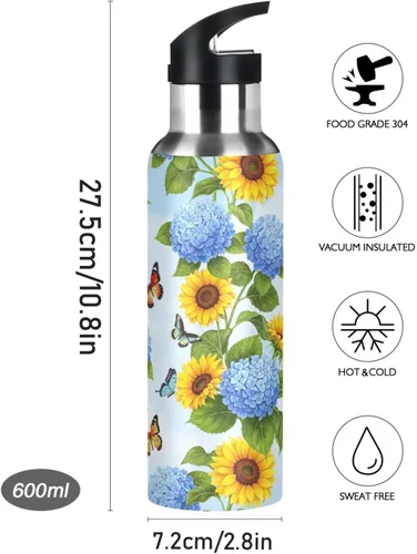 Miniatura 9 de Stainless Steel Vacuum Insulated Water Bottle 20 Oz, BPA-Free Sports Water Bottle for Gym Outdoor Travel School, Yellow Sunflowers