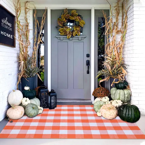 Miniatura 16 de Alfombra a Cuadros Naranja y Negra, 3 x 5 Pies, Alfombra Decorativa de Otoño para Puerta Delantera al Aire Libre, Alfombra de Algodón Lavable Tejida