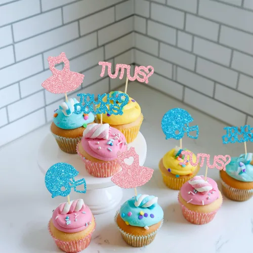 Miniatura 9 de Gyufise 24 piezas de decoración de cupcakes para niños o niñas, tutús para retoque de género, decoración de rugby para fiesta de revelación