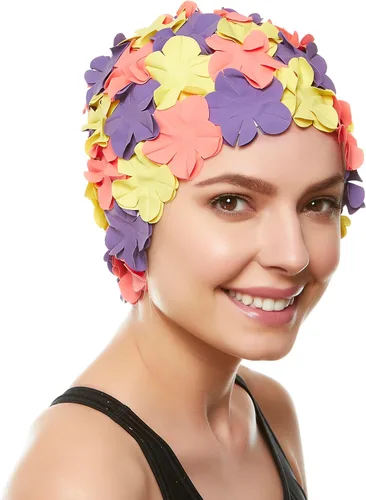 Miniatura 25 de BeeMo Gorro de Natación de Látex para Mujeres - Gorro de Natación de Goma - Suave Cómodo Elástico Elegante Diseño de Corte Bajo Protege el Cabello
