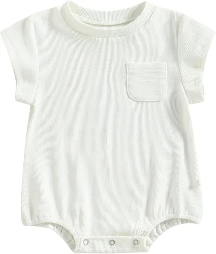 Miniatura 8 de KMBANGI Mameluco de manga corta con cuello redondo de punto acanalado de color sólido para bebé, niña y niño, traje de verano de una pieza