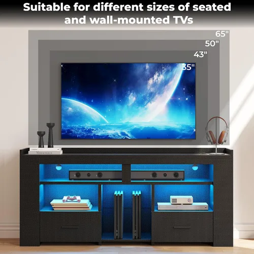 Miniatura 6 de IRONCK Soporte de TV para TV de 65 pulgadas, centro de entretenimiento de fibra de carbono con 2 cajones, estación de carga y luz LED RGB, consola