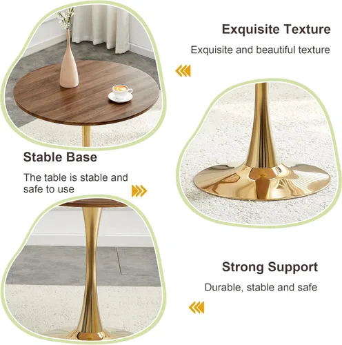 Miniatura 7 de Mesa de comedor redonda de nogal para espacios pequeños, mesas de tulipanes de 32 pulgadas con base de pedestal de metal dorado, mesa de bistró