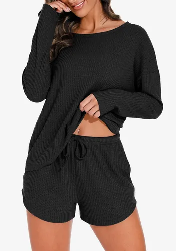 Miniatura 3 de PrinStory Conjunto de pijama para mujer, conjunto de 2 piezas de punto gofre, conjunto de ropa de descanso con bolsillos