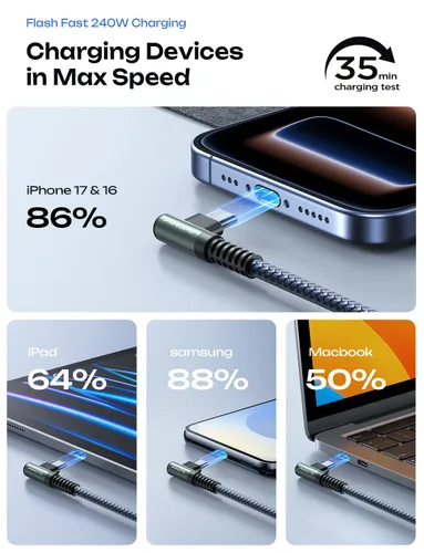 Miniatura 5 de AINOPE Cable USB C a USB C de 240W (6.6 pies, paquete de 2, USB C Chubby) Cable de carga rápida USB C a USB C, cable cargador USB C en ángulo recto
