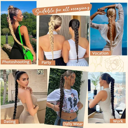 Miniatura 6 de Extensión de cola de caballo larga trenzada con banda para el cabello, color marrón claro, extensiones de cabello sintético suave y natural