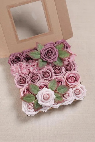 Miniatura 4 de YYHUAWU Flores Artificiales Juego de Caja Combo Color Degradado Flor Hoja con Tallos para DIY Ramos de Boda Centros de Mesa Baby Shower Fiesta Malva
