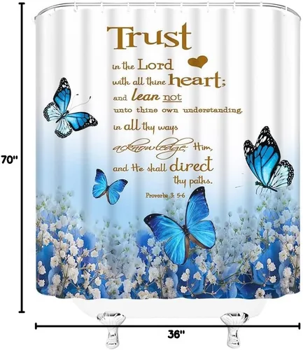 Miniatura 4 de GCTNBJL Cortina de ducha con cita inspiradora, diseño de mariposa y flores azules y verde azulado con texto en inglés "Trust in the Lord