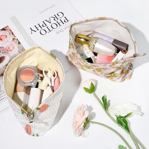 Miniatura 4 de SOIDRAM Bolsa de maquillaje de flores de 2 piezas, bolsa grande de cosméticos florales de gran capacidad, bolsa de viaje de lona para artículos