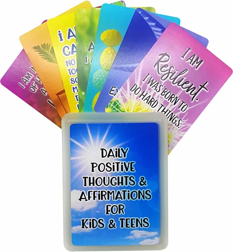 Tarjetas de afirmación positiva para niños y adolescentes, 54 afirmaciones, más de 150 preguntas inspiradoras con caja de almacenamiento, inspira