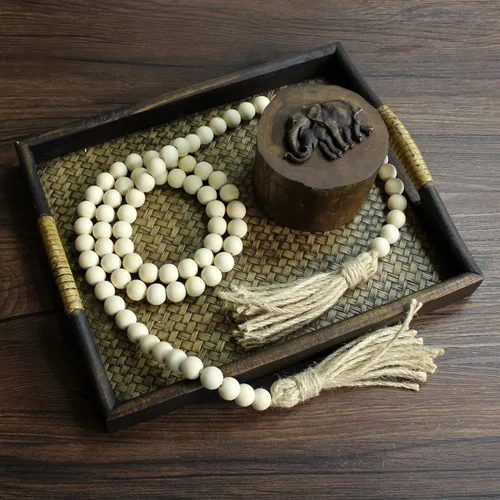 Miniatura 2 de CVHOMEDECO. Guirnalda de cuentas de madera con borlas, estilo rústico de granja, cadena de cuentas de oración para colgar en la pared, acento