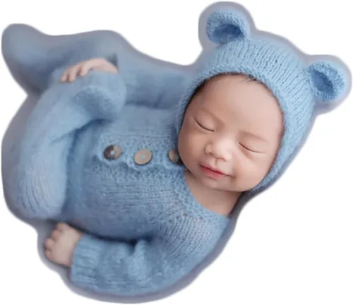 Zeroest Conjunto de punto de ganchillo para sesión de fotos para niño recién nacido, gorro de oso con pies, mameluco con pies, para fotografía de