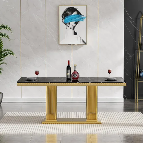Miniatura 5 de Henf Juego de mesa de comedor de mármol sintético de 68 pulgadas para 6, juego de mesa de comedor de 7 piezas con 6 sillas copetudas de terciopelo
