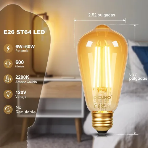 Miniatura 2 de DiCUNO Bombillas Edison E26 de 60 W, 2200 K ámbar cálido, bombilla LED Edison de 6 W ST64, vidrio ámbar, luz LED vintage para el hogar, 600 lm,
