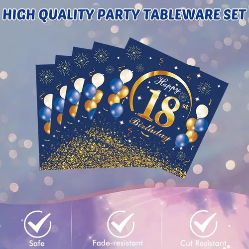 Miniatura 5 de Juego de 41 piezas de decoraciones de cumpleaños número 18 para él, temática azul y dorada, regalos de cumpleaños de 18 años, platos, servilletas