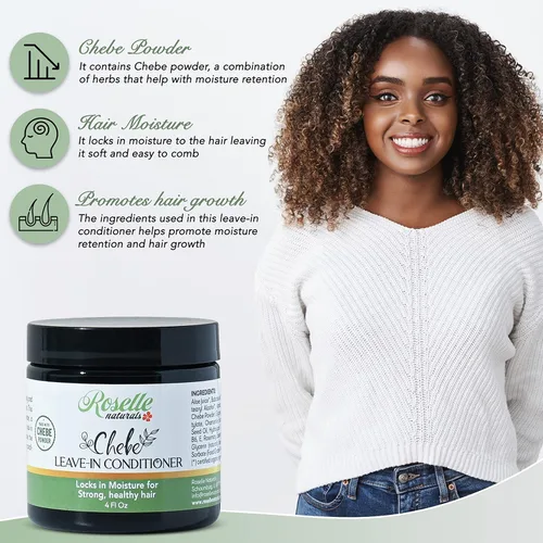 Miniatura 2 de Roselle Naturals Chebe Hair Leave In Conditioner Cream de 4 onzas, hecha con polvo de Chebe africano, aceite de chebé y aceite esencial de romero