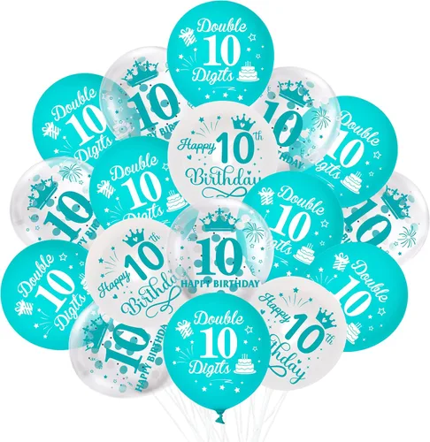 Globos de cumpleaños número 10, paquete de 45 decoraciones de cumpleaños de dos dígitos, color turquesa, juego de globos de látex azul y blanco para