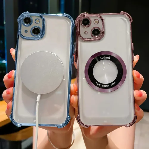 Miniatura 5 de Funda magnética transparente para iPhone 14 Plus, lujo brillante en las cuatro esquinas, protección de grado militar a prueba de golpes con Púrpura